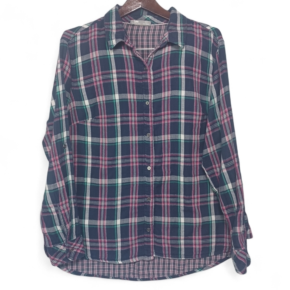 Lee Riders Women’s‎ XXL Plaid Button Up Shirt Navy Red Green Cotton Casual Layer
